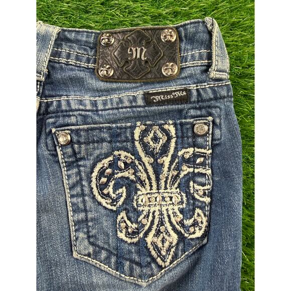 Miss Me Womens Bootcut Jeans Dark Wash Bling Stretch Low Rise Sz 25 32L Y2K Flap - Picture 5 of 13